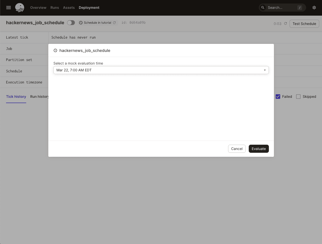 how to test a schedule in the Dagster UI